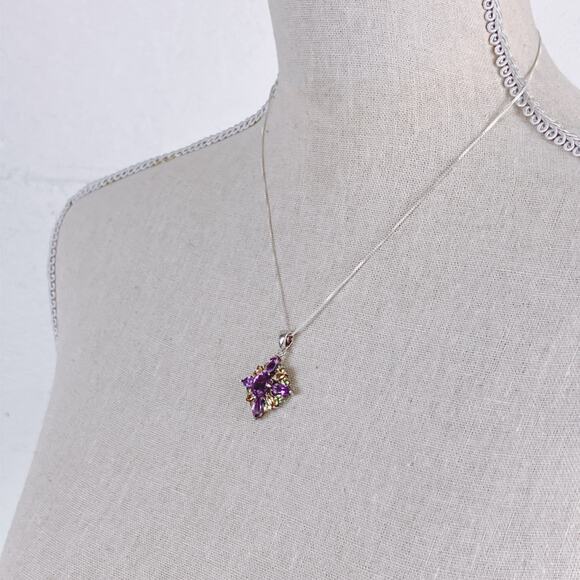 Sterling Silver Amethyst Peridot Citrine Floral Star Cluster Pendant Necklace - Picture 15 of 17